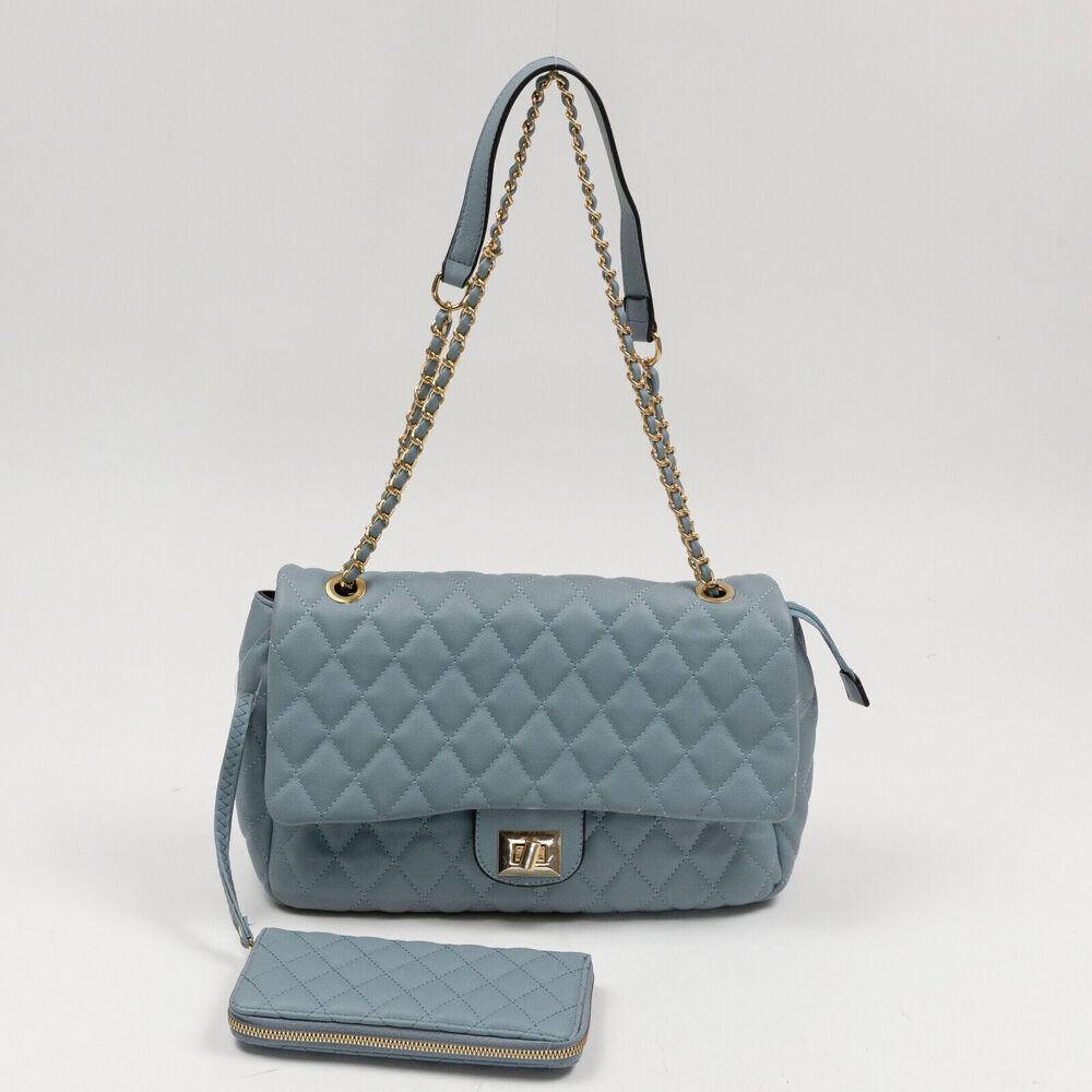 Alyssa Quilted Faux Leather 2 Piece Shoulder Bag Dusty Blue PRE-OWN